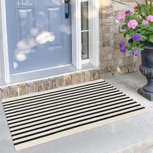 KILOCOCO Beige Striped Rug 2.3'x3.6' Indoor Outdoor Rugs Front Door Mat Hand Woven Cotton Washable Striped Layered Doormats for Front Porch/Kitchen/Farmhouse/Entryway/Patio
