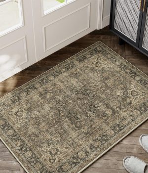 2×3 Washable Brown Area Rug Vintage Entryway Kitchen Carpet Non-Slip Soft Low Pile Distressed Indoor Small Throw Rug for Bedroom Bathroom Entrance