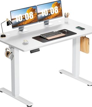 Sweetcrispy Electric Standing Desk Adjustable Height, 48×24 Inch Sit Stand Up Home Office Desks Computer Workstation PC Work Table with 3 Memory Preset Splice Wood Board Metal Frame, White